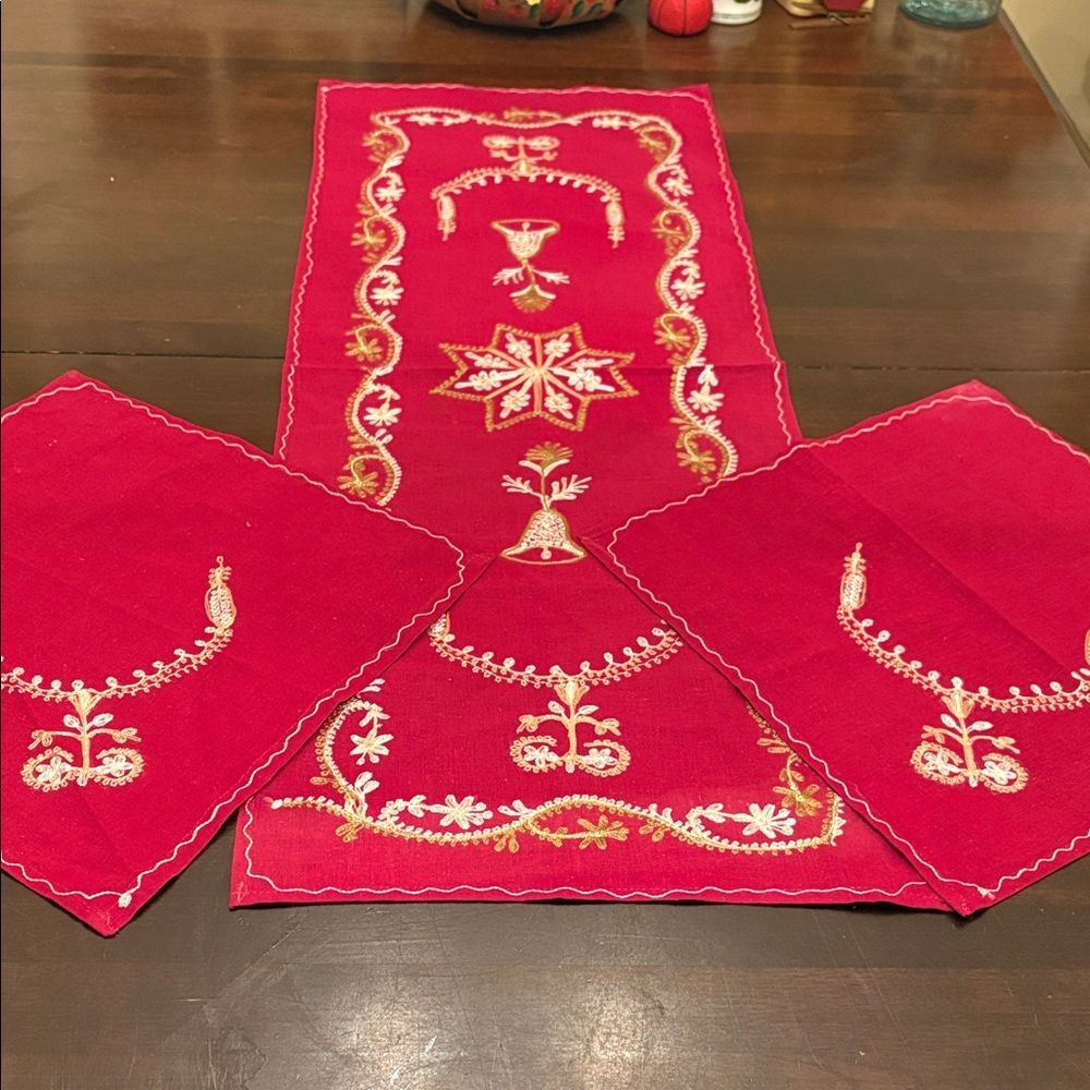 Elegant Red Embroidered Table Runner Set